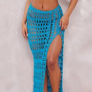 Pretty Little Thing - Turquoise Side Split Crochet Knit Maxi Skirt